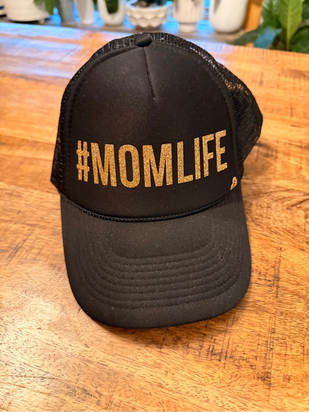 #MOMLIFE Black Trucker Hat with Gold Glitter Lettering